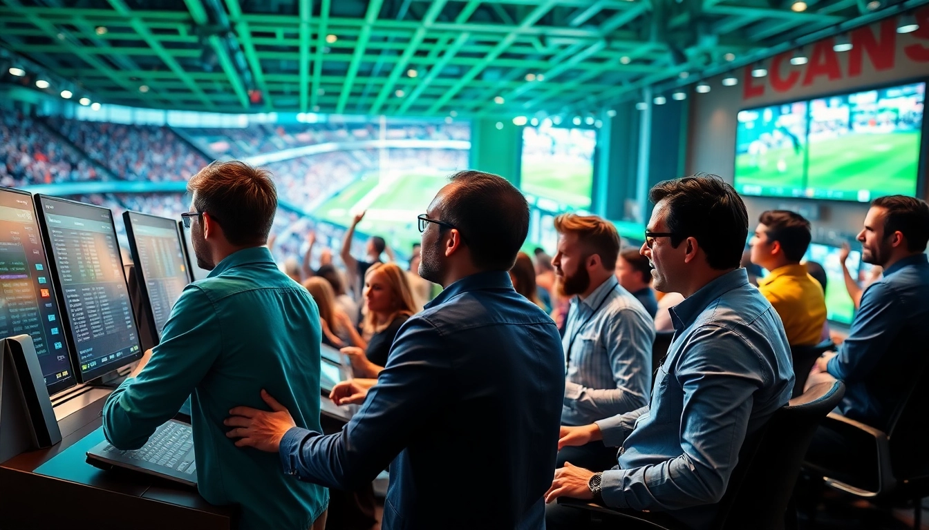 Engaged bettors participating in Sports Betting surrounded by digital odds displays.