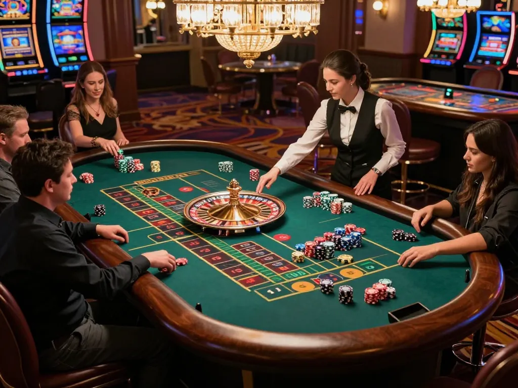 Casinosscope: Players betting on roulette with vibrant chips and croupier spinning the wheel in a luxurious casino.
