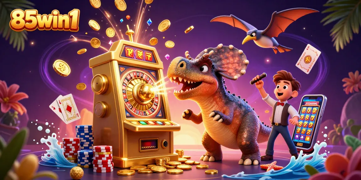 Experience the excitement of 85win1 with a colorful casino scene of dinosaurs at a slot machine.