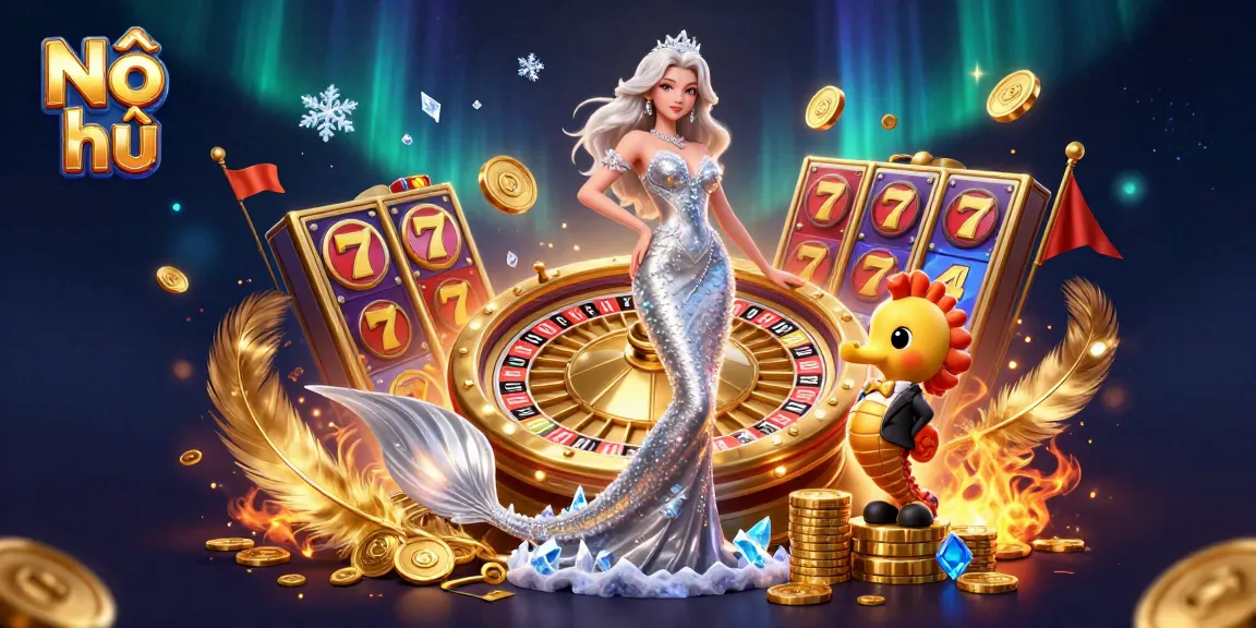 Spin Nổ hũ slots with a glamorous woman and a seahorse beside a giant roulette wheel.