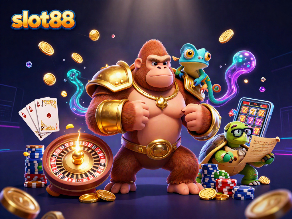 Engage with slot88 through vibrant casino scene featuring a gorilla king, a chameleon, and a tortoise.