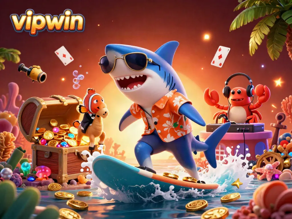 Experience thrilling wins at vipwin with a shark surfing on gold coins and casino elements.