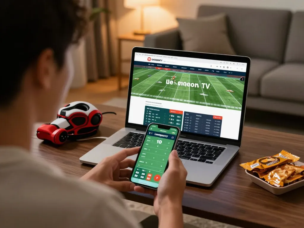Engaging with live football scores on Luongsontv while watching a game in a cozy setting