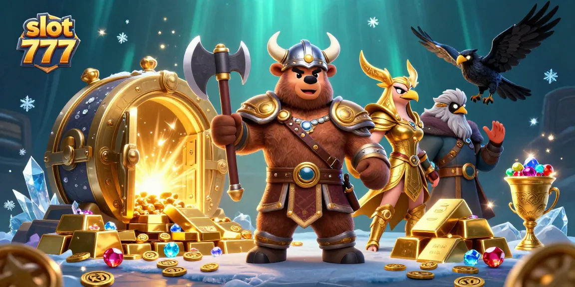 Mainkan slot 777 dan menangkan harta karun emas dengan Viking beruang dan elang Valkyrie.