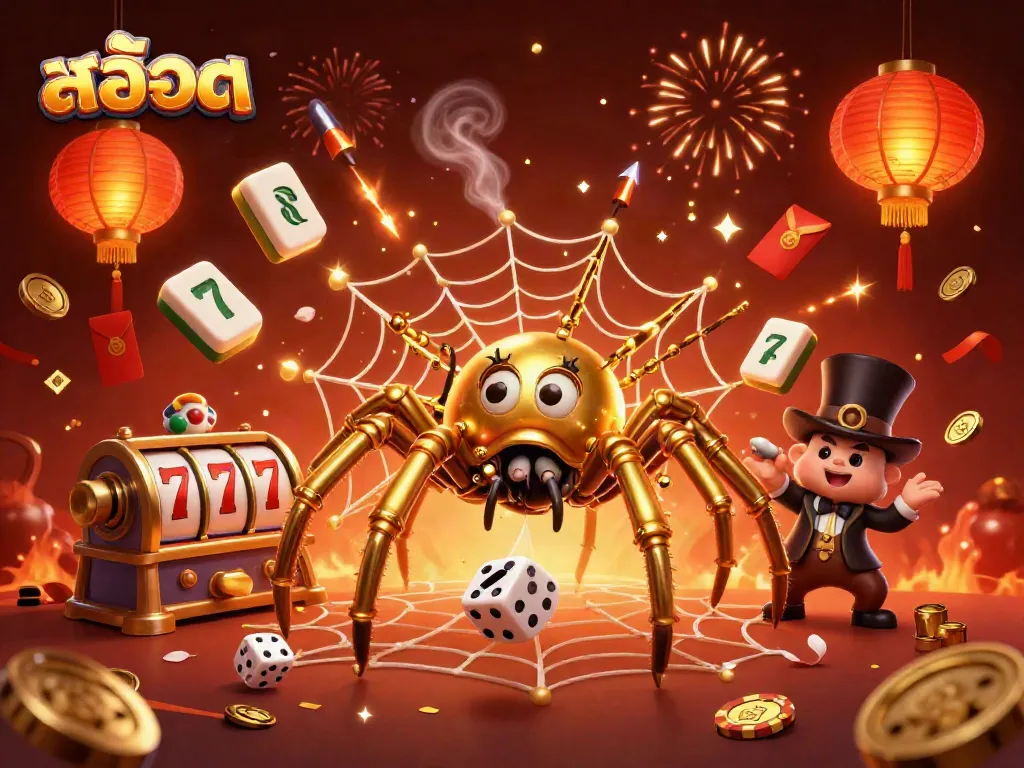 Experience the excitement of สล็อต with a dynamic scene of a golden spider and playful characters, embodying the thrill of slot games.