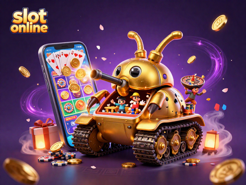Spin to win with slot online in a vibrant 3D casino scene featuring a golden beetle tank and dynamic game elements!