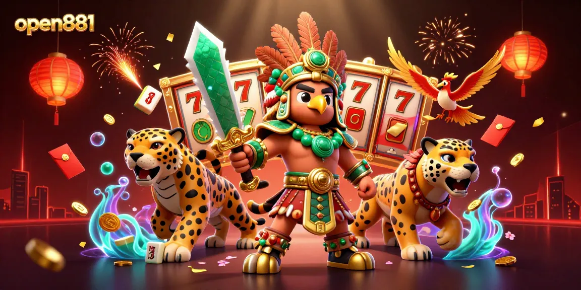Engage in thrilling gaming at open881 with rich visuals of an Aztec warrior and vibrant casino elements.