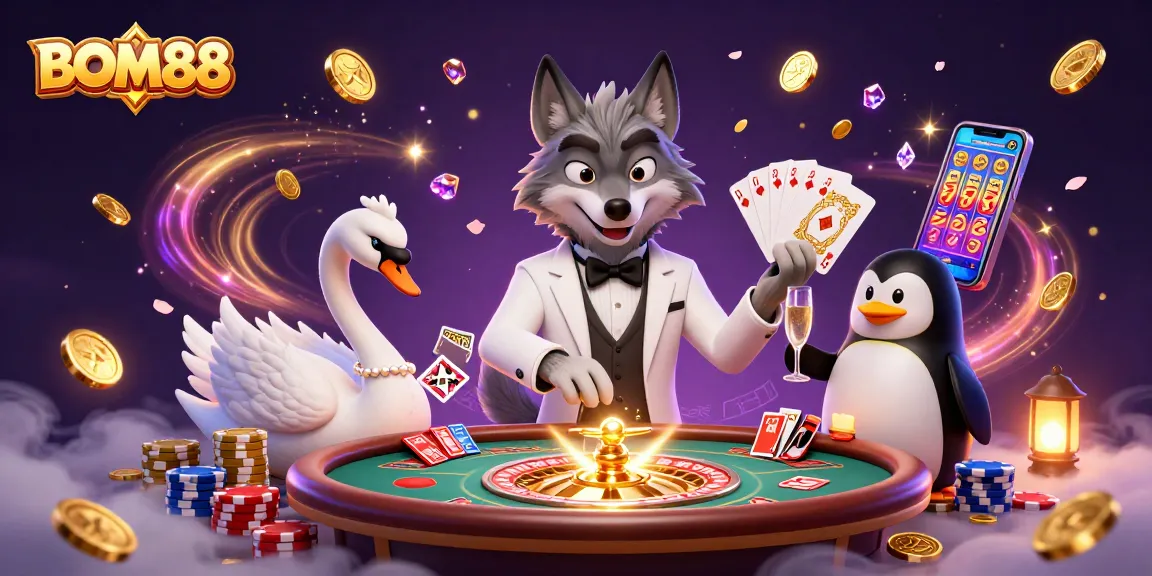 BOM88 players experience excitement with a luxurious baccarat game featuring charming characters in a vibrant casino scene.