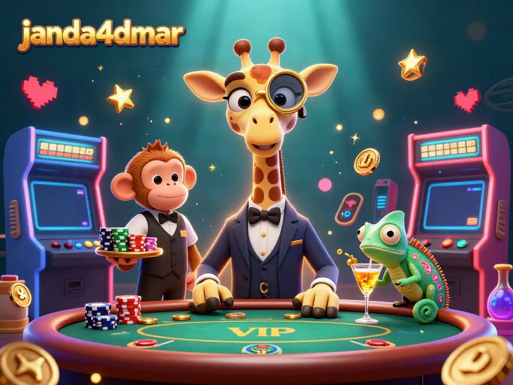 Jerapah mewah dan valet monyet di meja poker, menciptakan momen kegembiraan di janda4dmar.