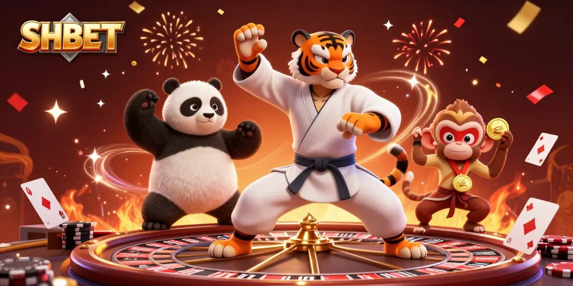 Place bets and spin with SHBET's vibrant casino scene featuring a kung fu master and playful panda.