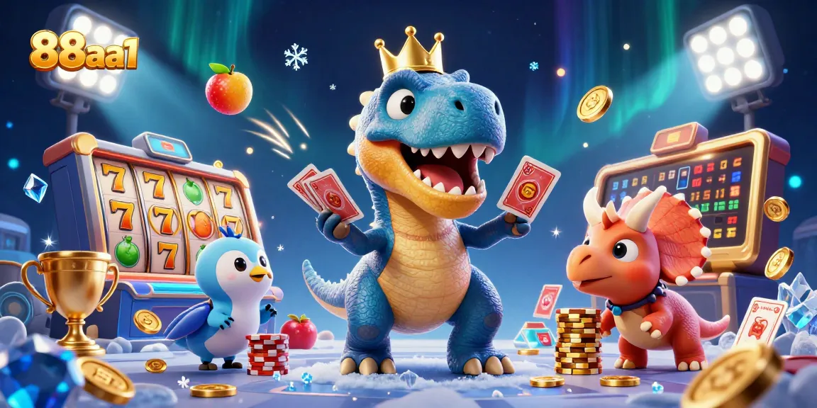 88aa1 showcases a vibrant casino scene with a friendly T-Rex shuffling cards and chips.