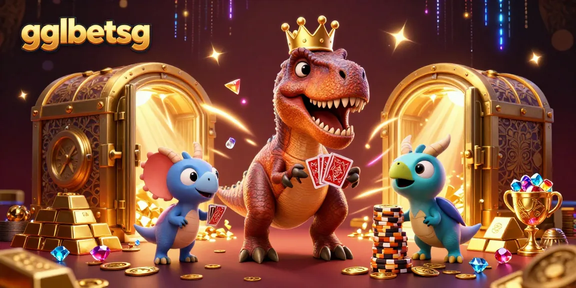 gglbetsg showcases an exciting casino scene with a T-Rex shuffling cards while a pterodactyl assists, and a triceratops stacks chips.
