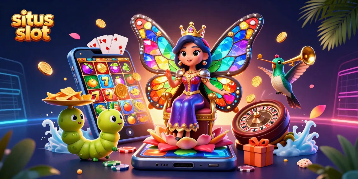 Permainan situs slot yang menarik dengan ilustrasi ratu kupu-kupu dan elemen kasino yang menawan.