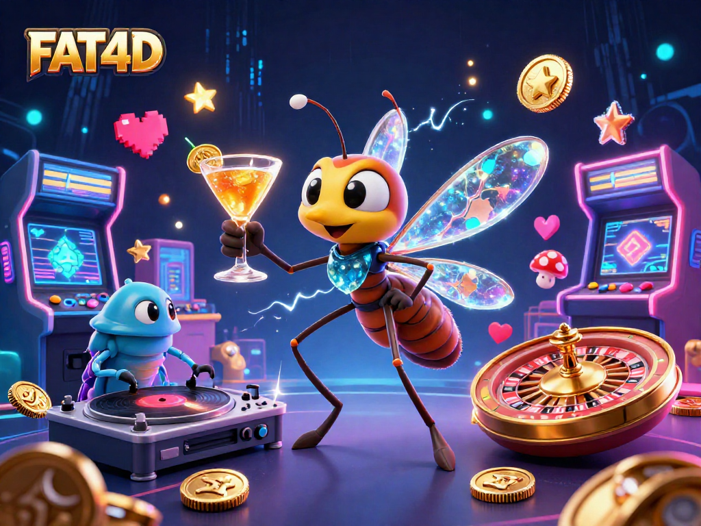 FAT4D helps players win big with a vibrant casino mascot and gaming elements, showcasing jackpot excitement.