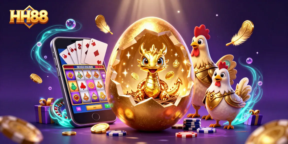 Experience the thrill of HH88 Casino with a baby dragon and golden poker chips in a magical casino scene.