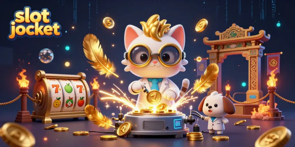 Experience an energetic scene with golden coins and slot jackpot elements swirling around dynamic characters.
