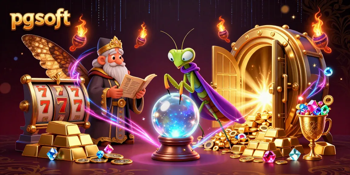 Experience the thrills of pg soft with fortune-telling mantis and gold treasures in a dynamic casino scene.