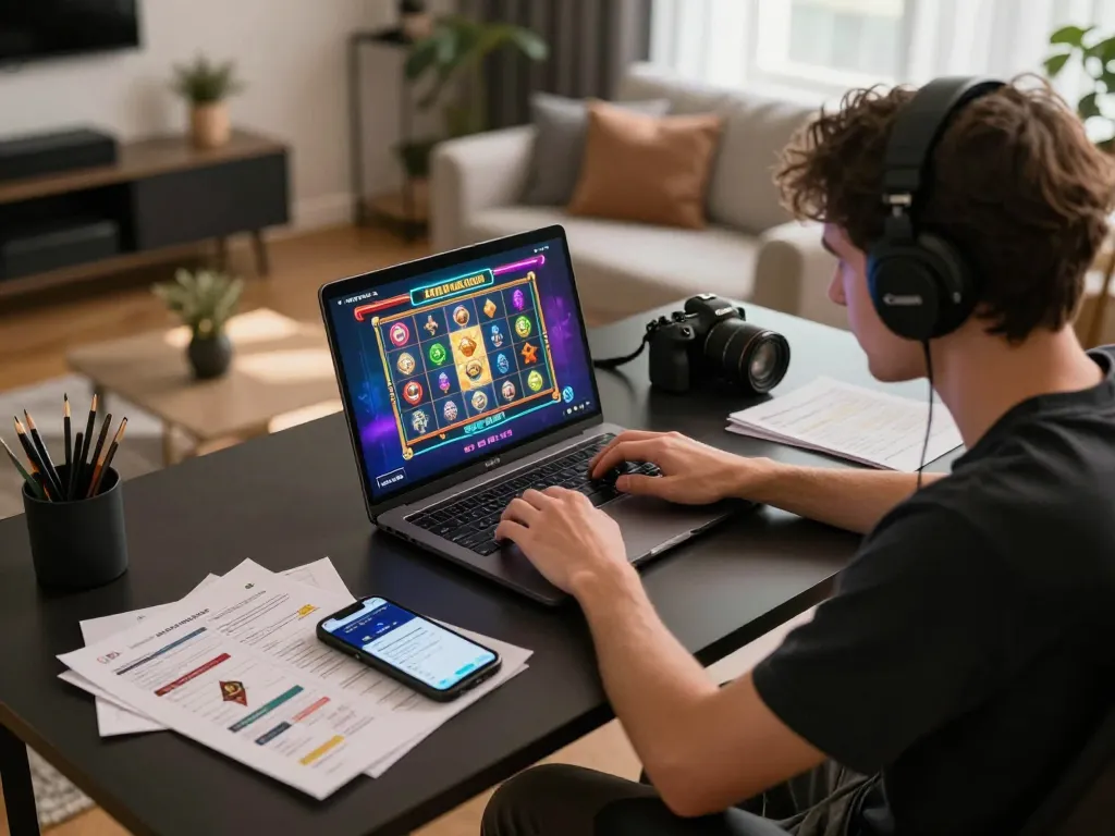 SpinAdvisor tips for online slot gaming strategies displayed on a laptop during a focused session