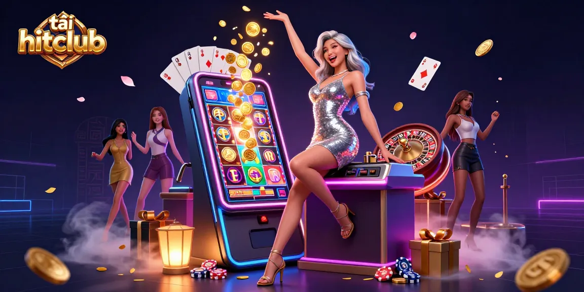 Experience the excitement of gaming with tải hitclub, featuring vibrant casino elements and a jackpot celebration.