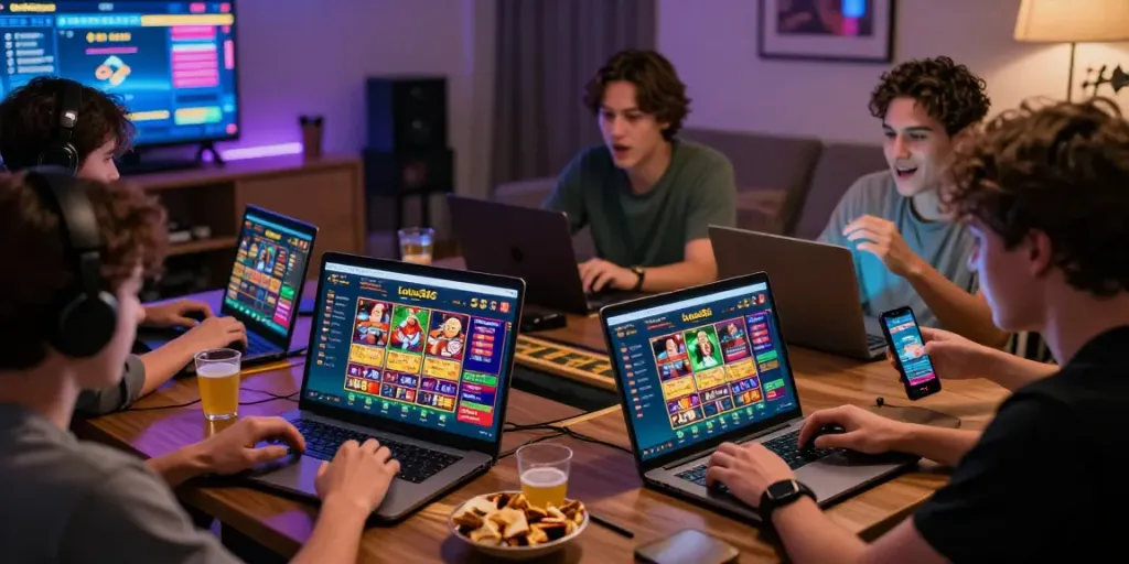 Engaged players enjoying online gaming experience with lotus365 on various devices in a lively setting.