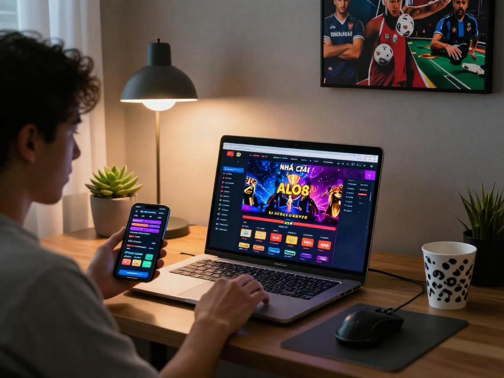 Engaging user experience with NHÀ CÁI ALO8 online betting platform, showcasing vibrant gaming interface and cozy atmosphere.