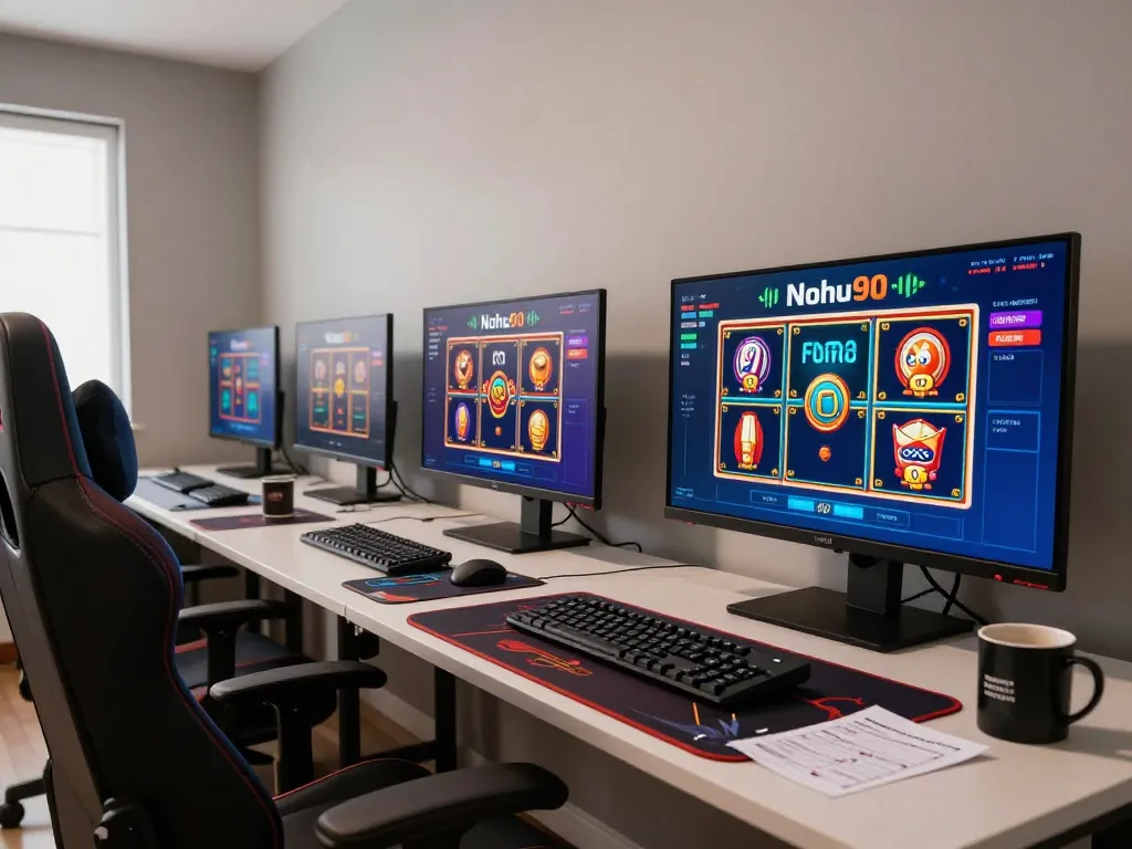 Nohu90 gameplay on multiple screens showcasing vibrant casino games in a modern gaming setup.