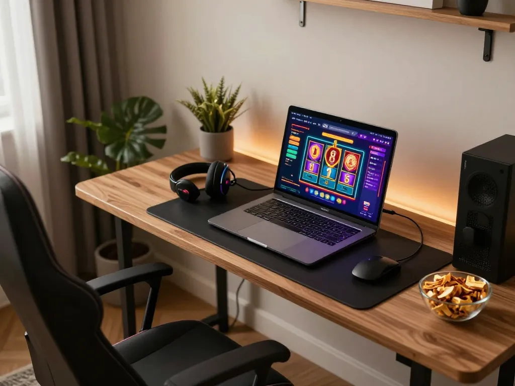 Engaging online gaming session at home with restaurantepalominos displayed on laptop screen and modern decor