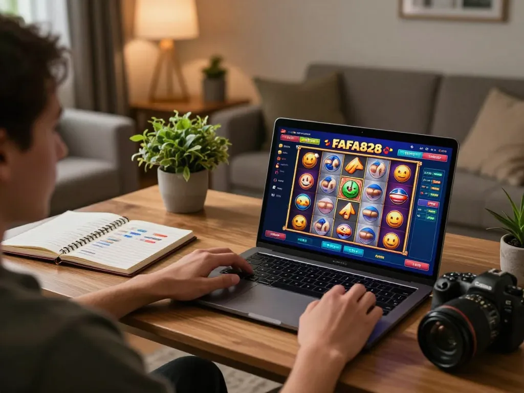 Player enjoying FAFA828 online slots while strategizing in a cozy home setting