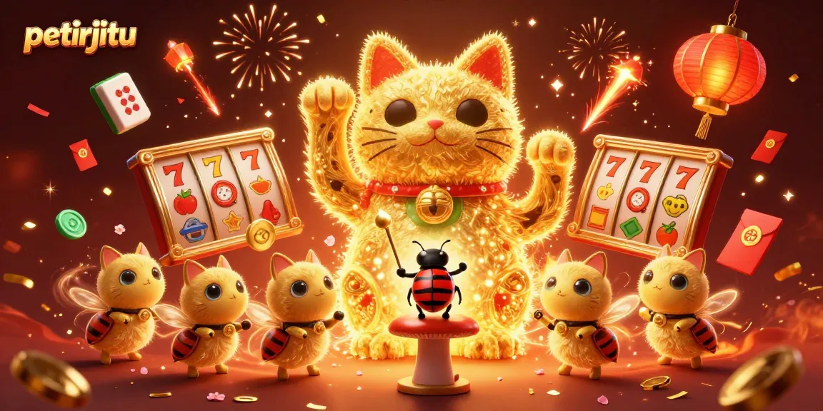 Petirjitu menghadirkan ilustrasi 3D kasino dengan kucing keberuntungan dan simbol slot.