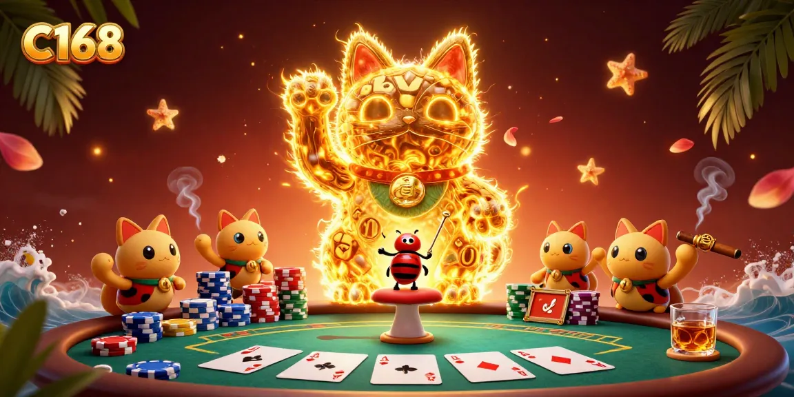 Experience thrilling gameplay at C168 with a vibrant scene of a giant lucky cat and poker elements.