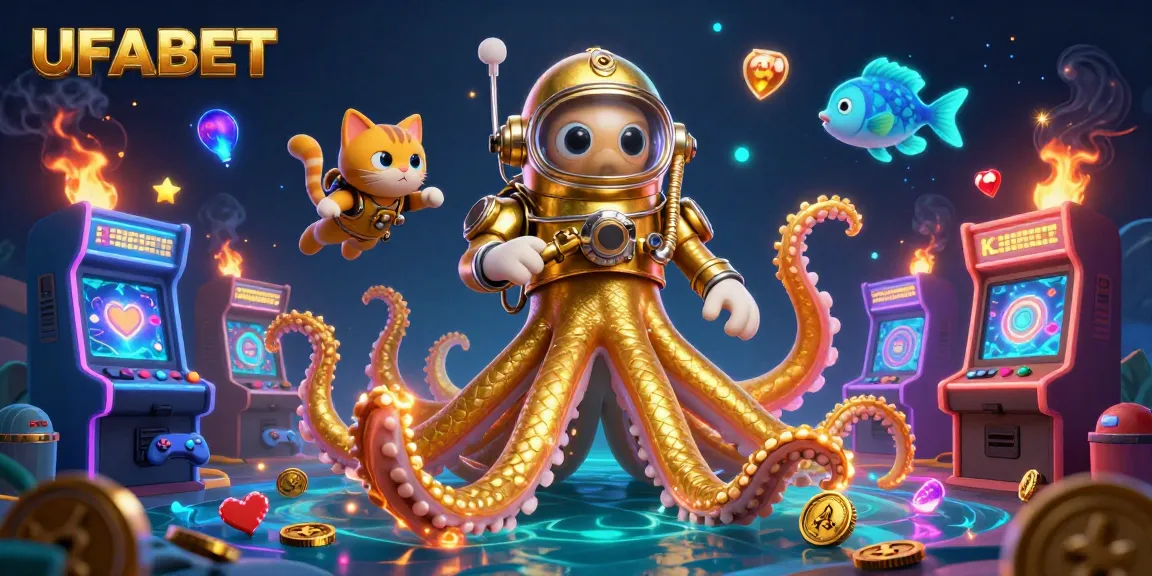 Experience thrilling gameplay at UFABET with a colossal kraken and diving cat in a vibrant casino scene.