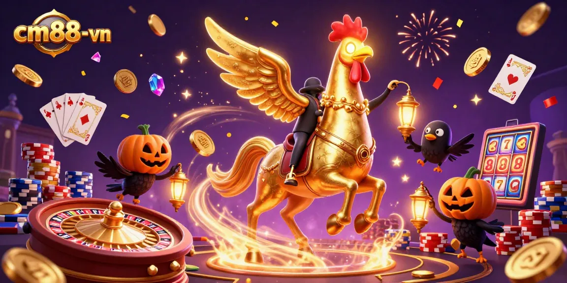 Witness the thrilling cm88-vn gaming experience at a vibrant casino, filled with golden elements.