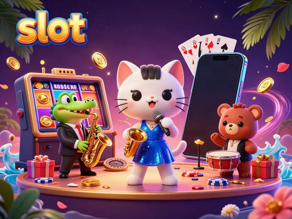 Engage with slot machines in a vibrant casino scene featuring a singing cat and musical friends.