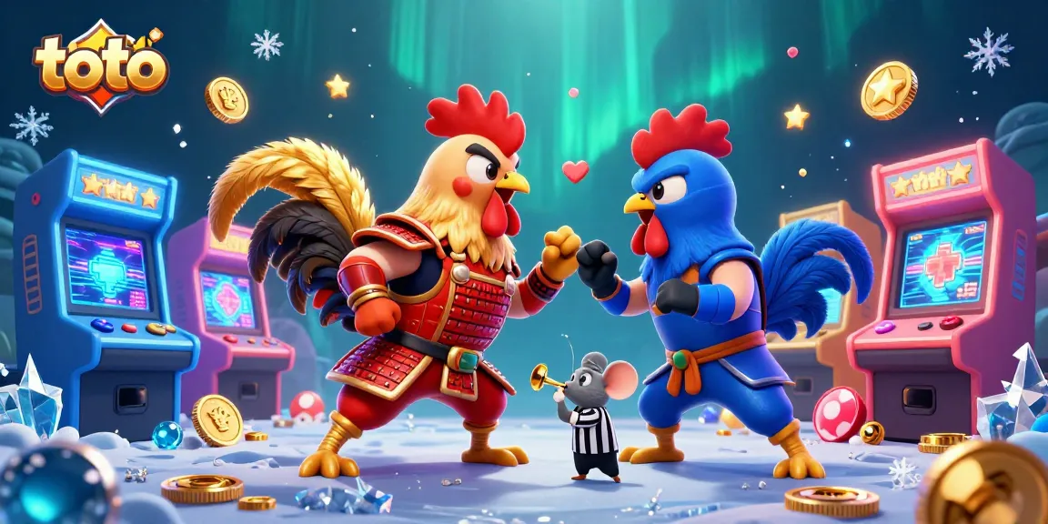 Engage in thrilling toto casino gaming with dynamic cartoon roosters battling in an arcade of elements.