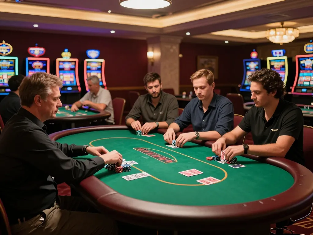 Experience ดูหนัง at a lively poker table surrounded by engaged players and warm casino ambiance.