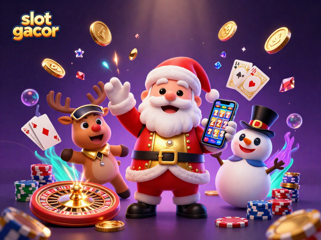 Play exciting slot gacor games with Santa and friends in a vibrant casino scene filled with gems.