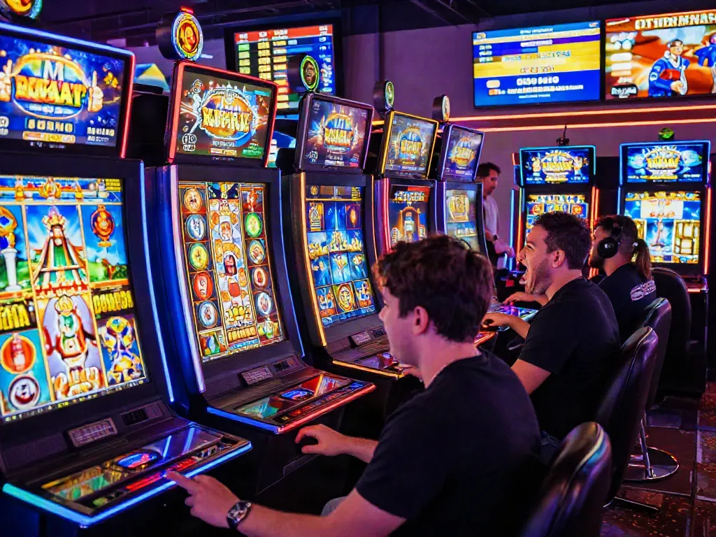 Excited players enjoying various slot resmi games in a colorful online casino setting, showcasing vibrant themes and engaging features.