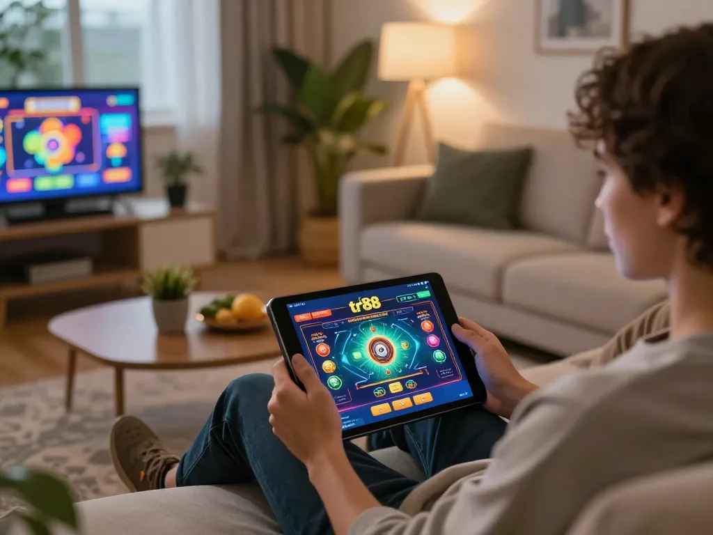 Engaging in tr88 online gaming from a cozy home setup with tablet and vibrant visuals