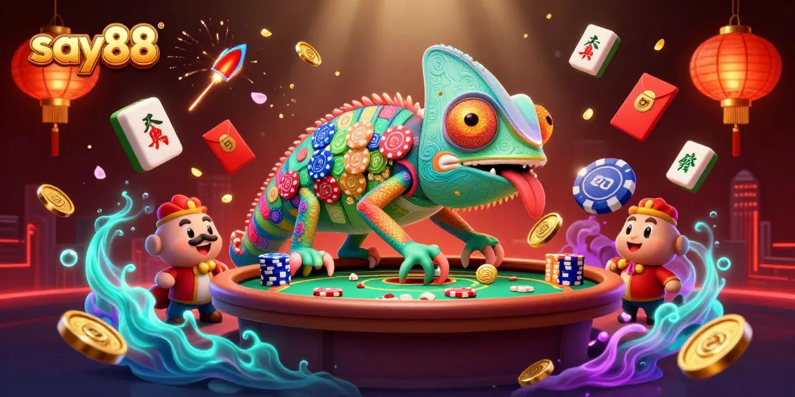 Engage with say88's vibrant casino world featuring a colorful chameleon and dynamic gaming elements.