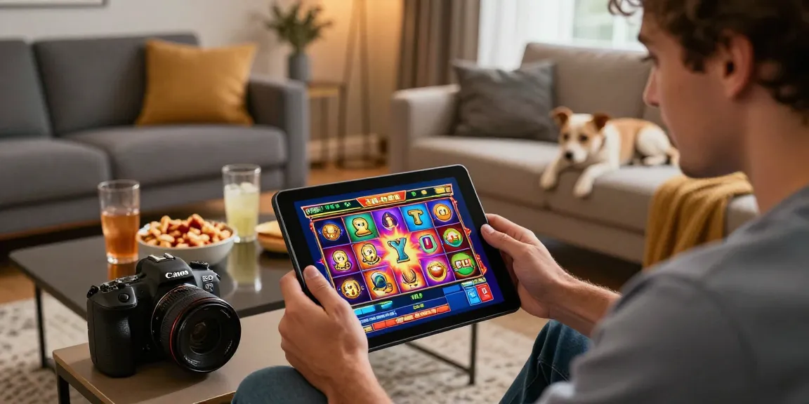 Excited player exploring new online casinos on a tablet amidst vibrant slot game graphics.