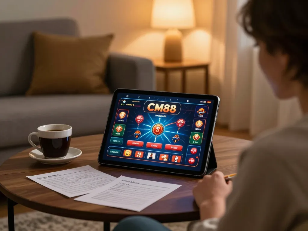 Engaged player utilizing nhà cái CM88 on tablet, surrounded by strategic notes for a rewarding gaming experience.
