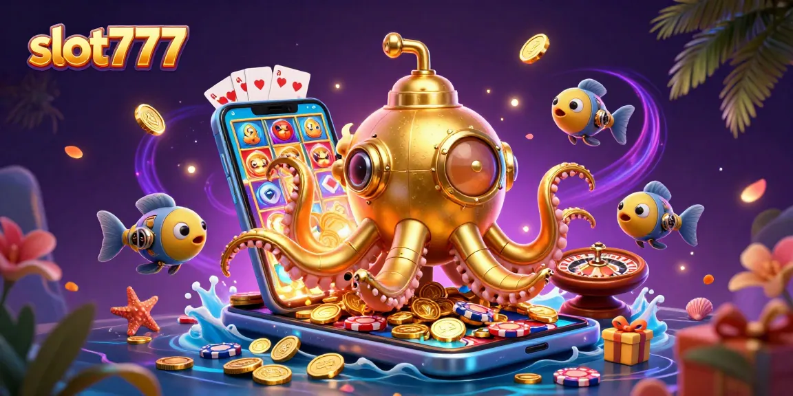 Spin and win at slot777 with a lively scene of golden kraken, coins, and casino elements.
