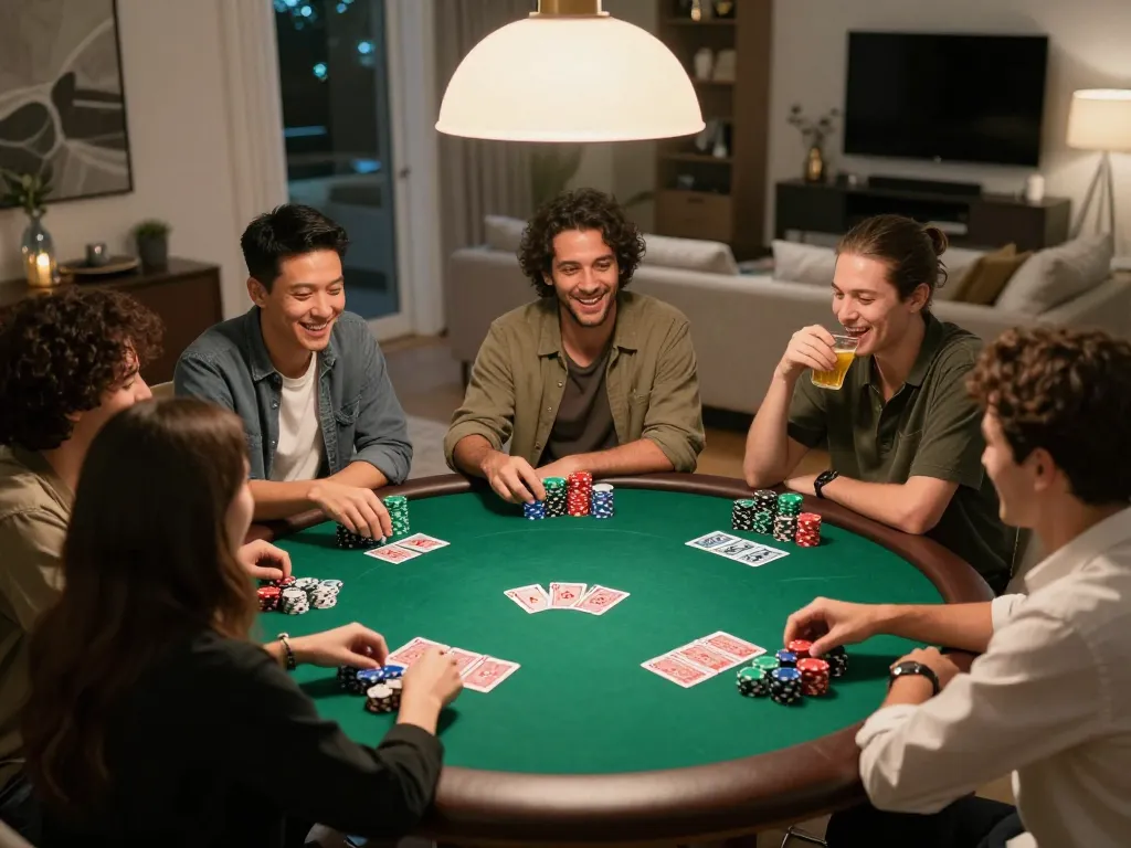 Poker night with friends at home, showcasing 388bet in action with cards and chips on the table