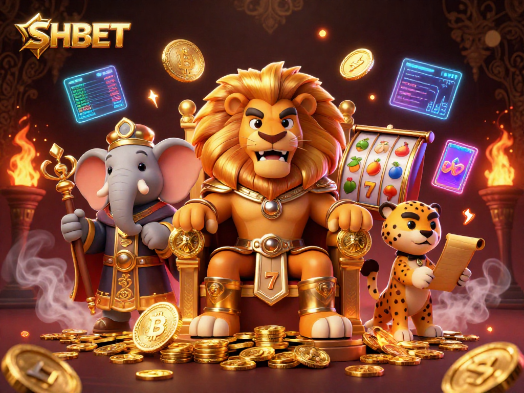 Experience the thrill of winning at SHBET with the fierce lion king amidst coins and slot elements