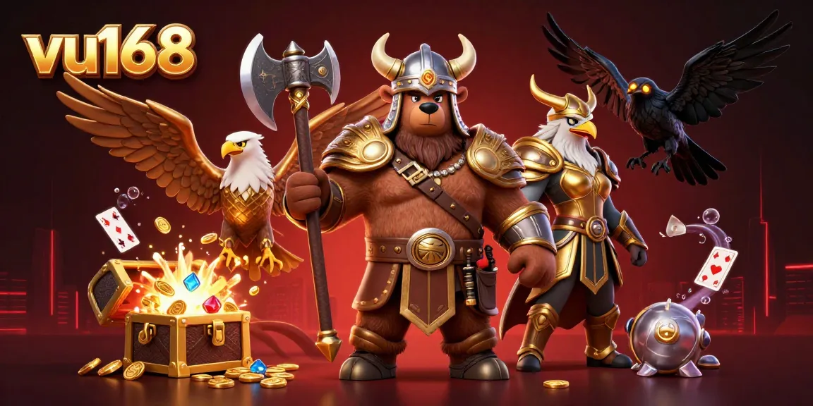 Experience the thrilling vibe of vu168 with an epic 3D casino scene featuring unique characters and gaming elements.