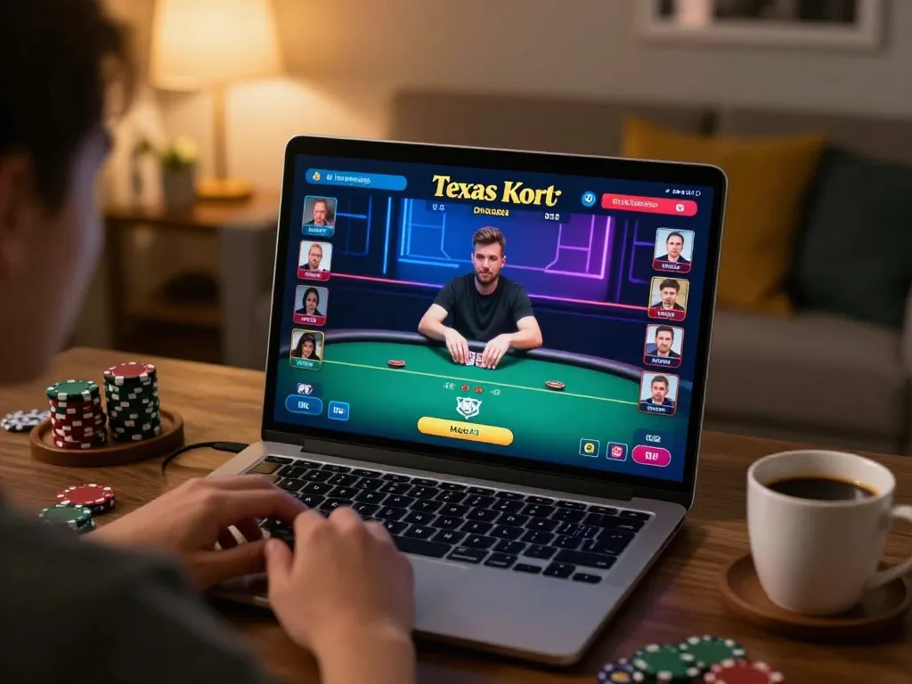 Engaging online poker gameplay on Poker88 with players and cards visible in a cozy home setting.