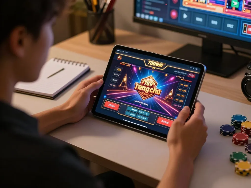 Engaging player immersed in 789win trang chu online gaming, showcasing betting strategy on tablet.