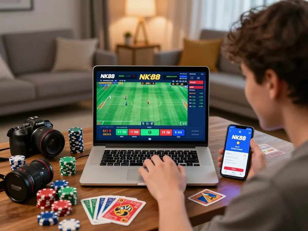 Young adult using NK88 platform for online betting with vibrant casino elements