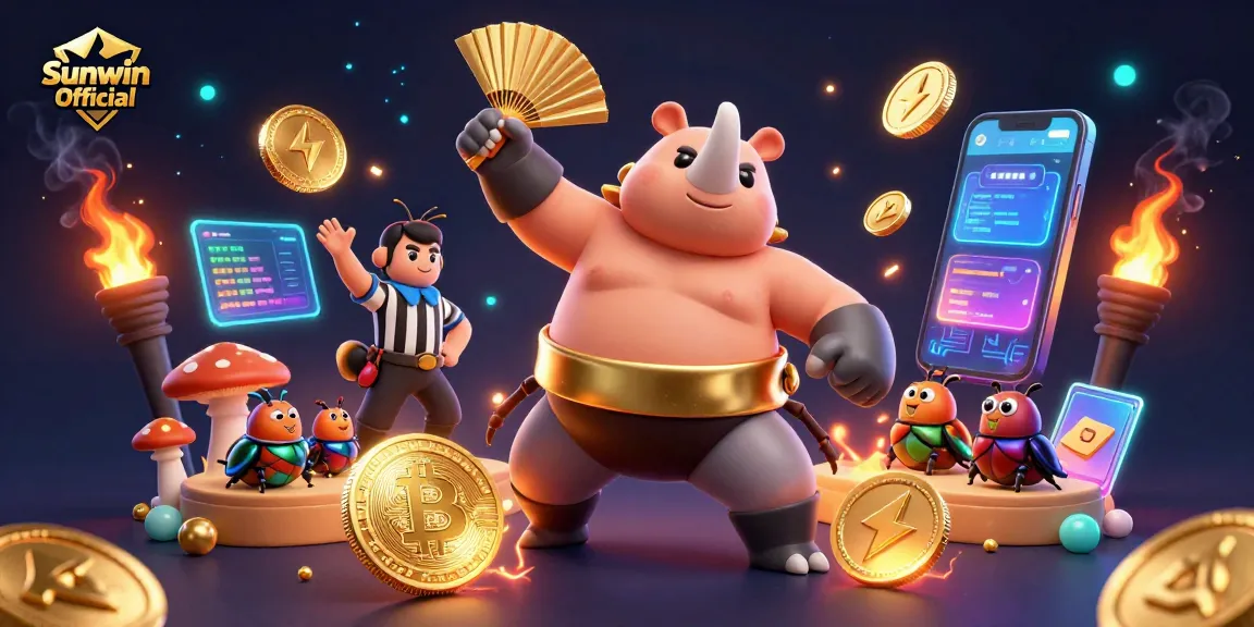 Experience a thrilling Sunwin Official scene where dynamic characters engage in the vibrant casino atmosphere with coins flying.