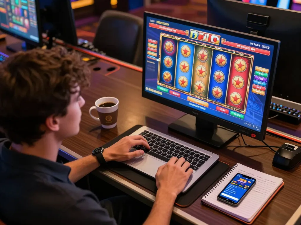 Player engaged in a thrilling toto slot game at home, showcasing strategic gameplay setup with laptop and notebook.